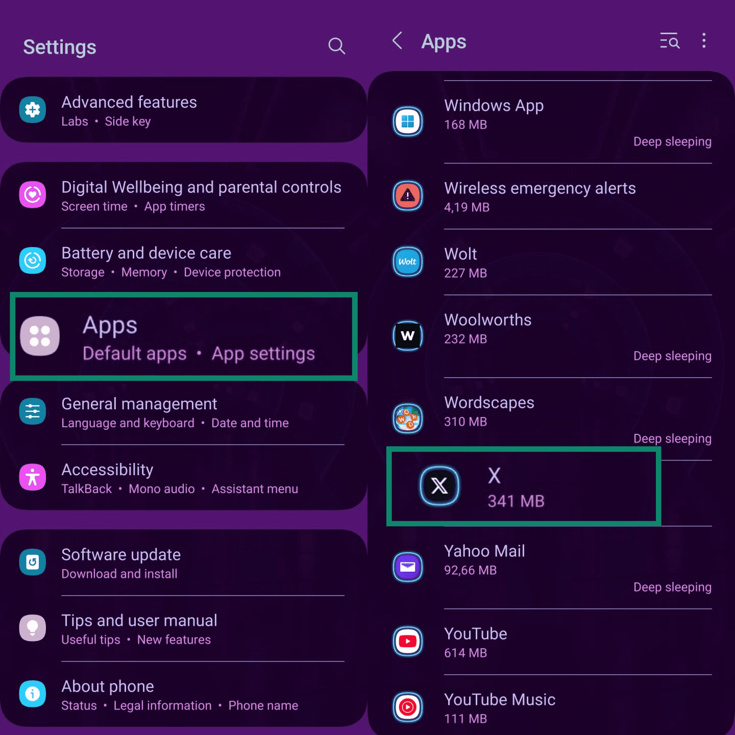 Two side-by-side screenshots of an Android settings menu. Pierwszy pokazuje główne ustawienia dla wybranej opcji „Aplikacje”, a drugi pokazuje aplikację