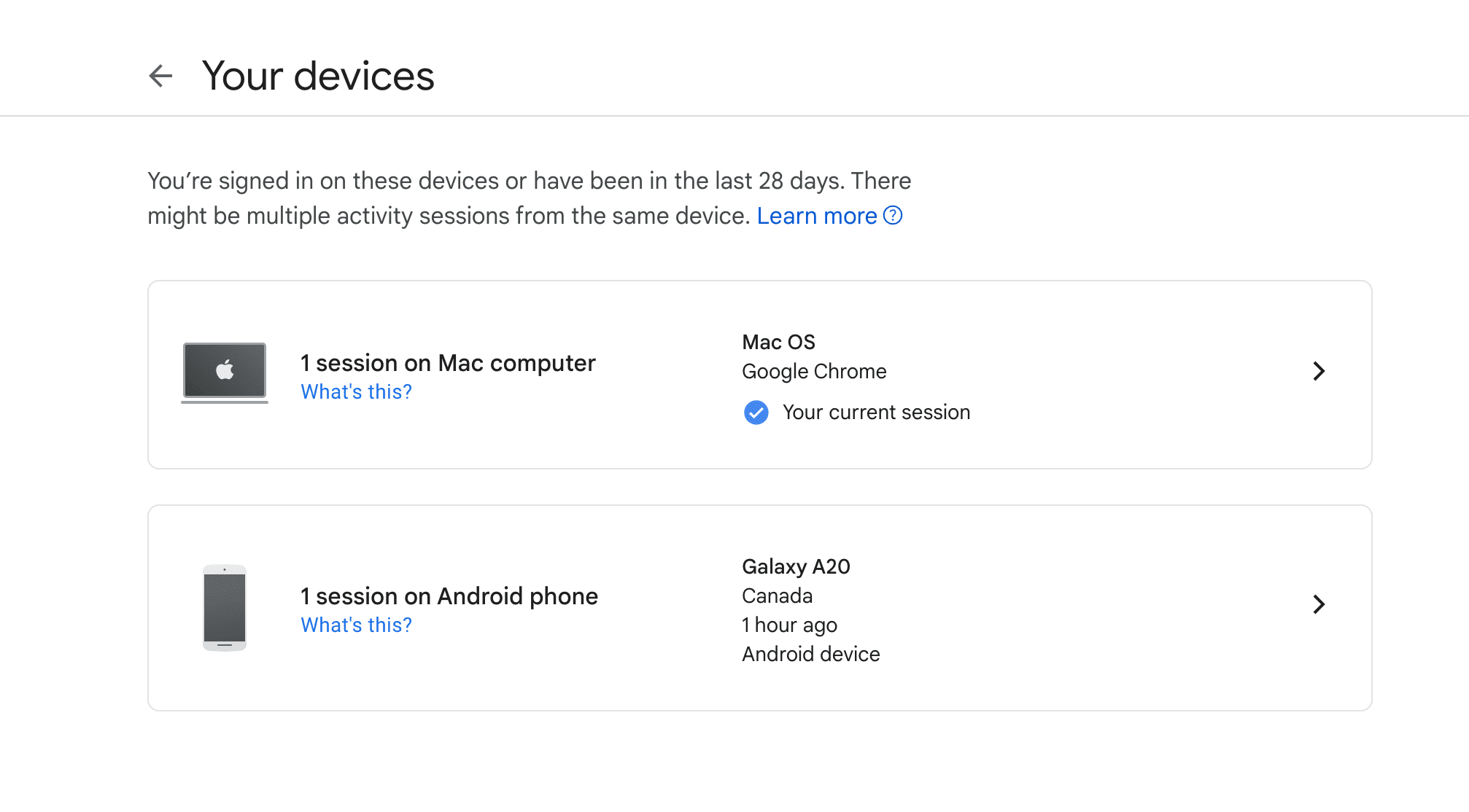Pantalla que muestra las sesiones de dispositivos en Google.