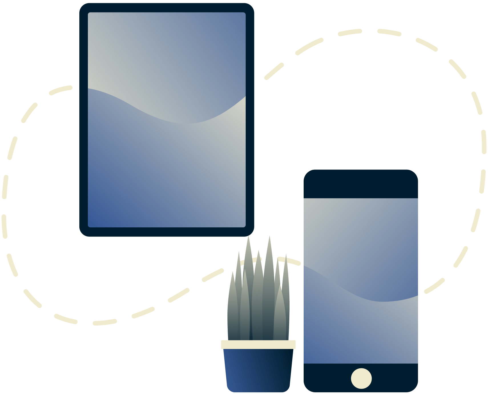 Ein Tablet und ein mobiles Gerät sind mit einer gestrichelten Linie verbunden.