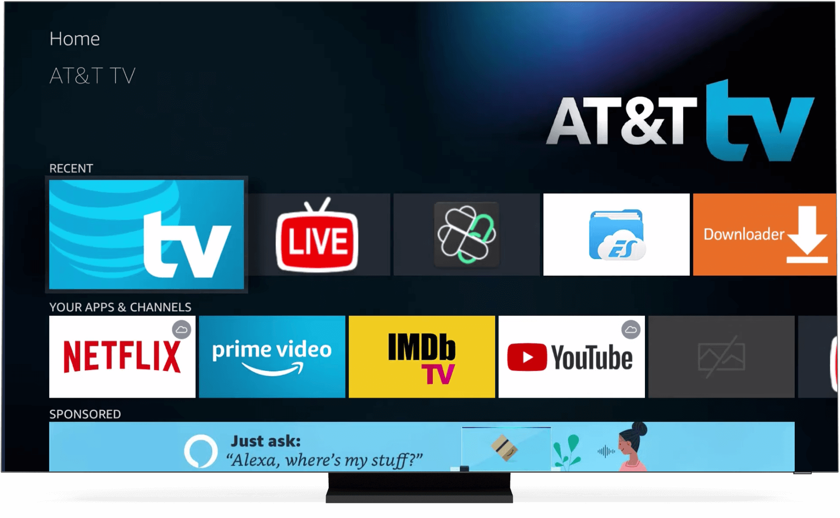 Ekran główny AT&T TV wyświetlony na monitorze komputera.