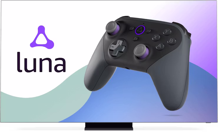 Skjerm med Amazon Luna-logo og h&aring;ndkontroll.