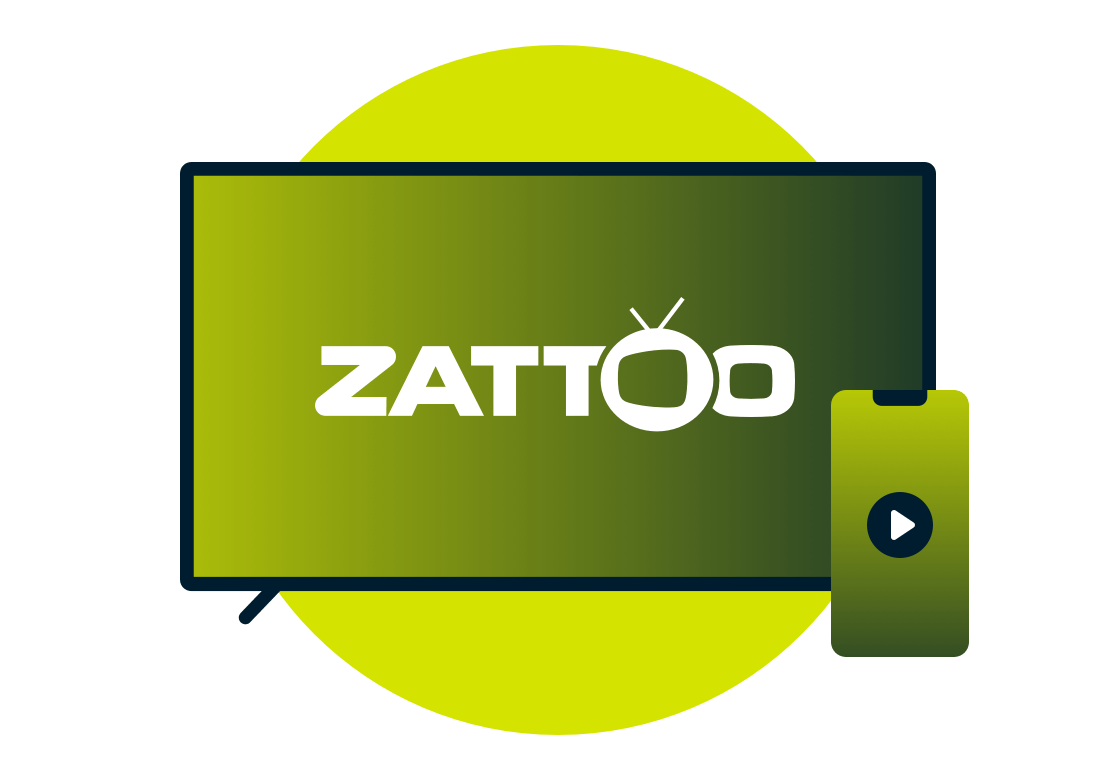 Um laptop e um telefone com o logo Zattoo.